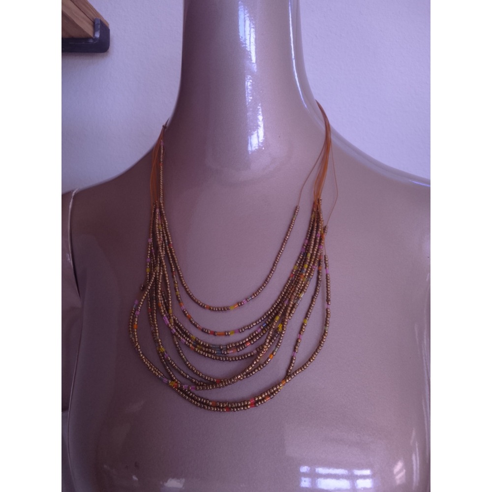 Boho Multi Strand Seed Bead Necklace Bronze Orange Pink Layered Statement